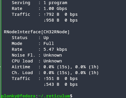 rnstatus showing the CH32 RNode interface up on the host system